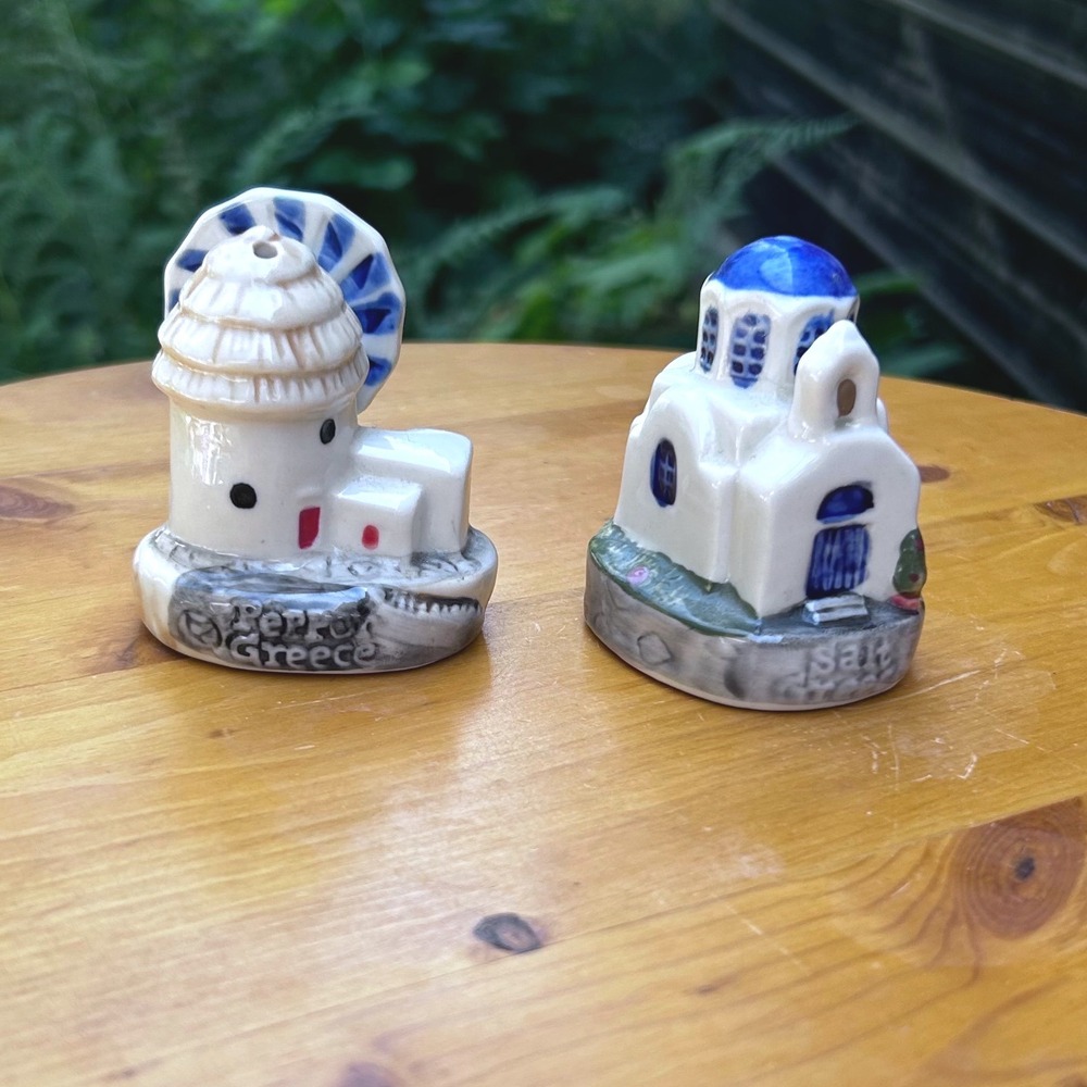 Vintage Greek Salt Pepper Shakers Ceramic Mykonos Windmill Santorini Blue Dome